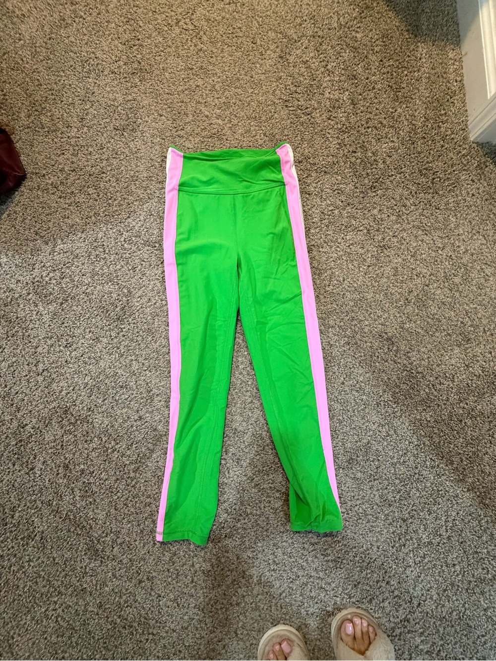 Luxletic Bright Green Leggings with Pink Side Stripes